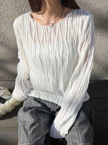 FRIFUL Women's White Loose Fit Round Neck Blouse, Textured Fabric Long Sleeve Top