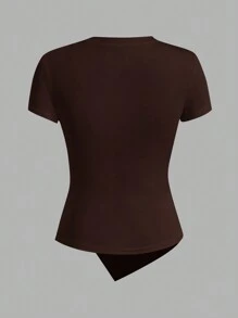 SHEIN Essnce 3pcs Round Neck Plain Color Frill Asymmetric Hem Short Sleeve T-Shirt - Multicolor - View 5