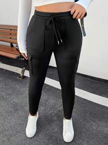 SHEIN EZwear Plus Size Women Waistband Pocket Skinny Black Leggings, Casual