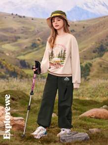 SHEIN Áo nỉ in họa tiết đơn giản cổ tròn dài tay cho bé trai tuổi mới lớn - Màu Khaki - Xem 4