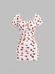 Sweetra 女士春夏性感紧身心形印花褶皱腰迷你连衣裙，适合情人节 - 紅白色 - 查看 1