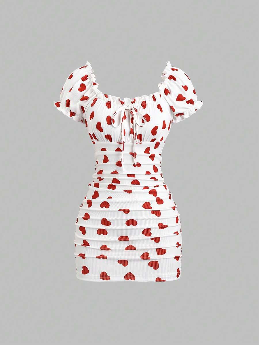 Sweetra 女士春夏性感紧身心形印花褶皱腰迷你连衣裙，适合情人节 - 紅白色 - 查看 1