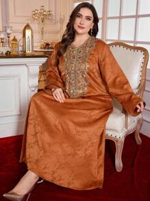 Al Najma 大码优雅提花面料传统金色串珠领阿拉伯风格服装