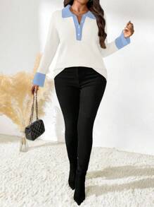 SHEIN LUNE 大码纯色拼接前扣长袖休闲套头毛衣针织衫秋冬款 - 白色 - 查看 1