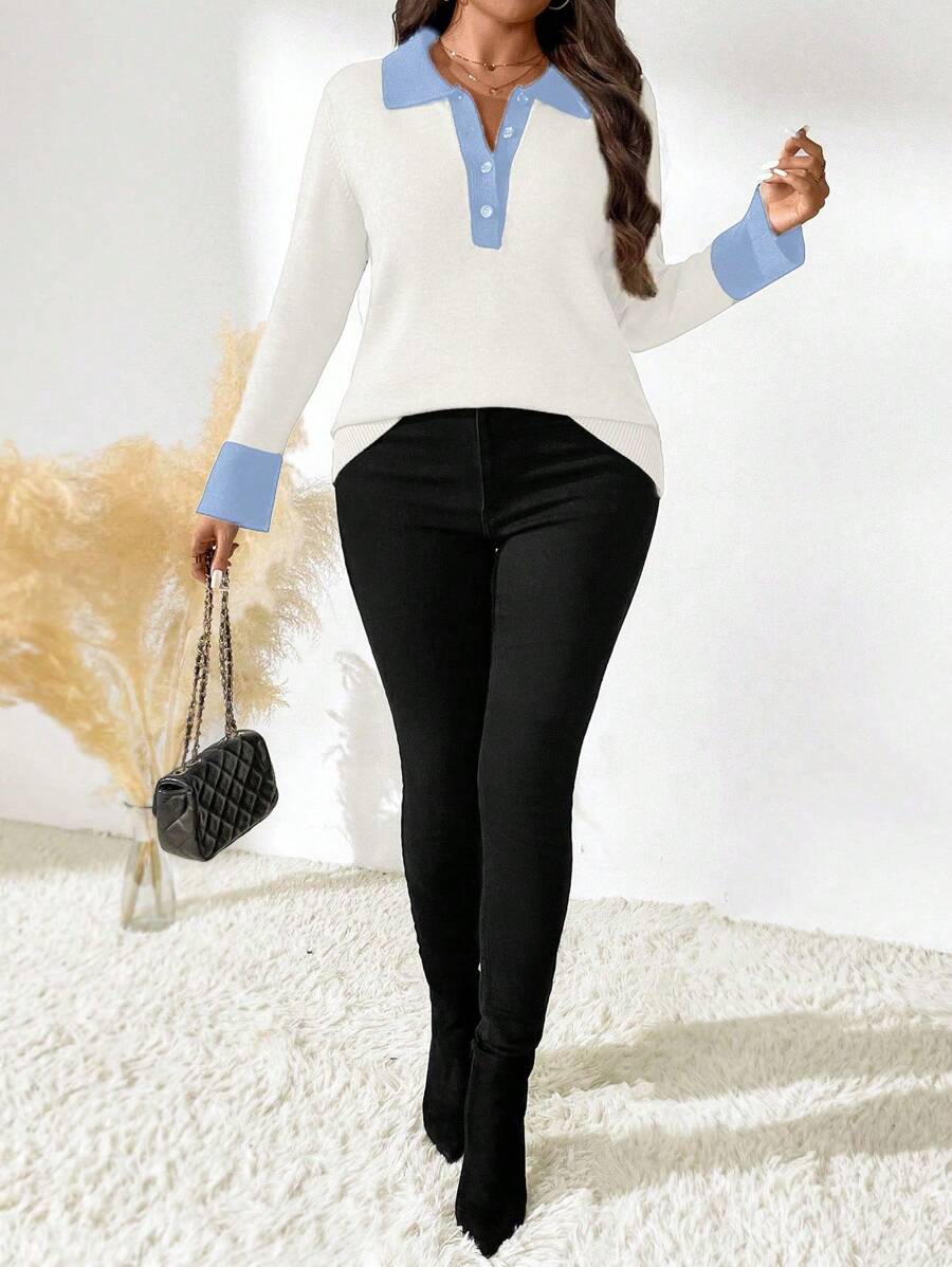 SHEIN LUNE 大码纯色拼接前扣长袖休闲套头毛衣针织衫秋冬款 - 白色 - 查看 1