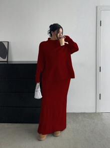 Flirla 时尚百搭简约高领上衣 + 开叉长裙针织毛衣套装，女款，秋冬 - 酒紅色 - 查看 5