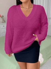 Flirla Plus Size Solid V-Neck Long Sleeve Casual Faux Fur Sweater Pullover - Hot Pink - View 7