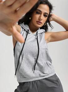 SHEIN Sports Women Letter Print Sleeveless Casual Hooded Sweatshirt For Dance & Fitness - Light Grey - View 2