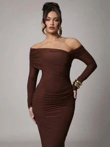 Silquee Women Elegant Solid Color Long Sleeve Shift Dress For Casual, Date, Party, Coffee Brown, Dresses For Women, Dress, Christmas Clothes Women