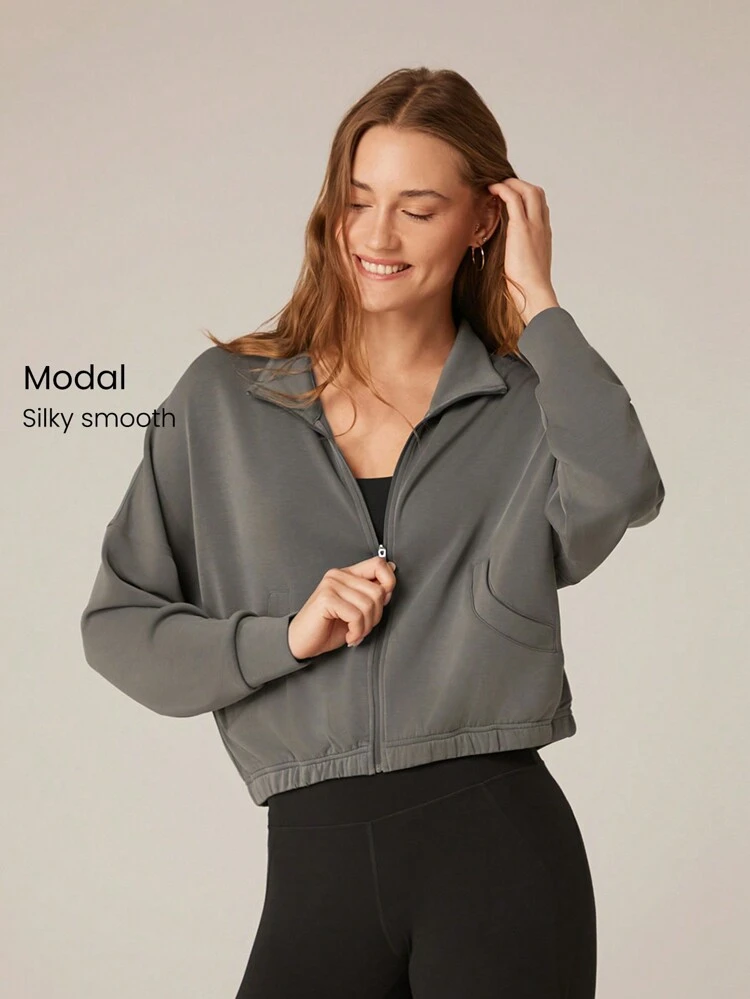 Modal Soft Lapel High Collar Elastic Hem Long Sleeve Jacket With Side Pockets Daily Casual