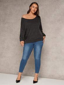 SHEIN Clasi Plus Size Casual Oblique Shoulder Long Sleeve Top, Minimalist Design For Everyday Wear