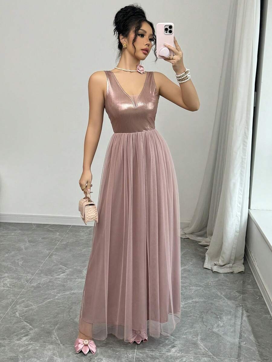 Vestido de chiffon con escote en V y mangas cortas con lazo Melocotón Tallas Grandes