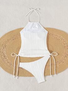 Swim Lushoire Letni damski jednolity kolor ściągaczowy teksturowany materiał spaghetti z odkrytymi plecami top tankini