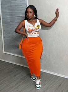 Slaydiva 夏季休闲度假U领镂空椰子树英文标语前开叉白色背心流苏墨绿色裙子女两件套-H - 橘色 - 查看 3