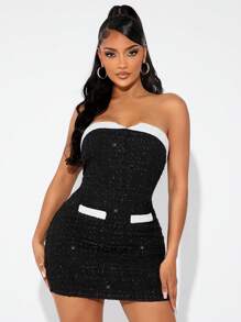 SHEIN SXY Vintage Two-Tone Blend Bodycon Mini Dress, Sexy & Cute, Autumn/Winter