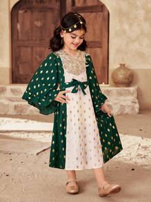 SHEIN Young Girl Color Block V-Neck Fitted Woven Dress - Green - View 5