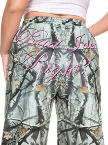 ROMWE Plus Size Loose Camouflage Letter Print Casual Sweatpants - Green - View 4