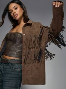 MISSGUIDED Suede Fringe Shirt - Coffee Brown - View 3