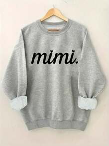SHEIN LUNE 长袖休闲圆领 Mimi 印花套头运动衫，适合春秋季节，女士服装 - 灰色 - 查看 1