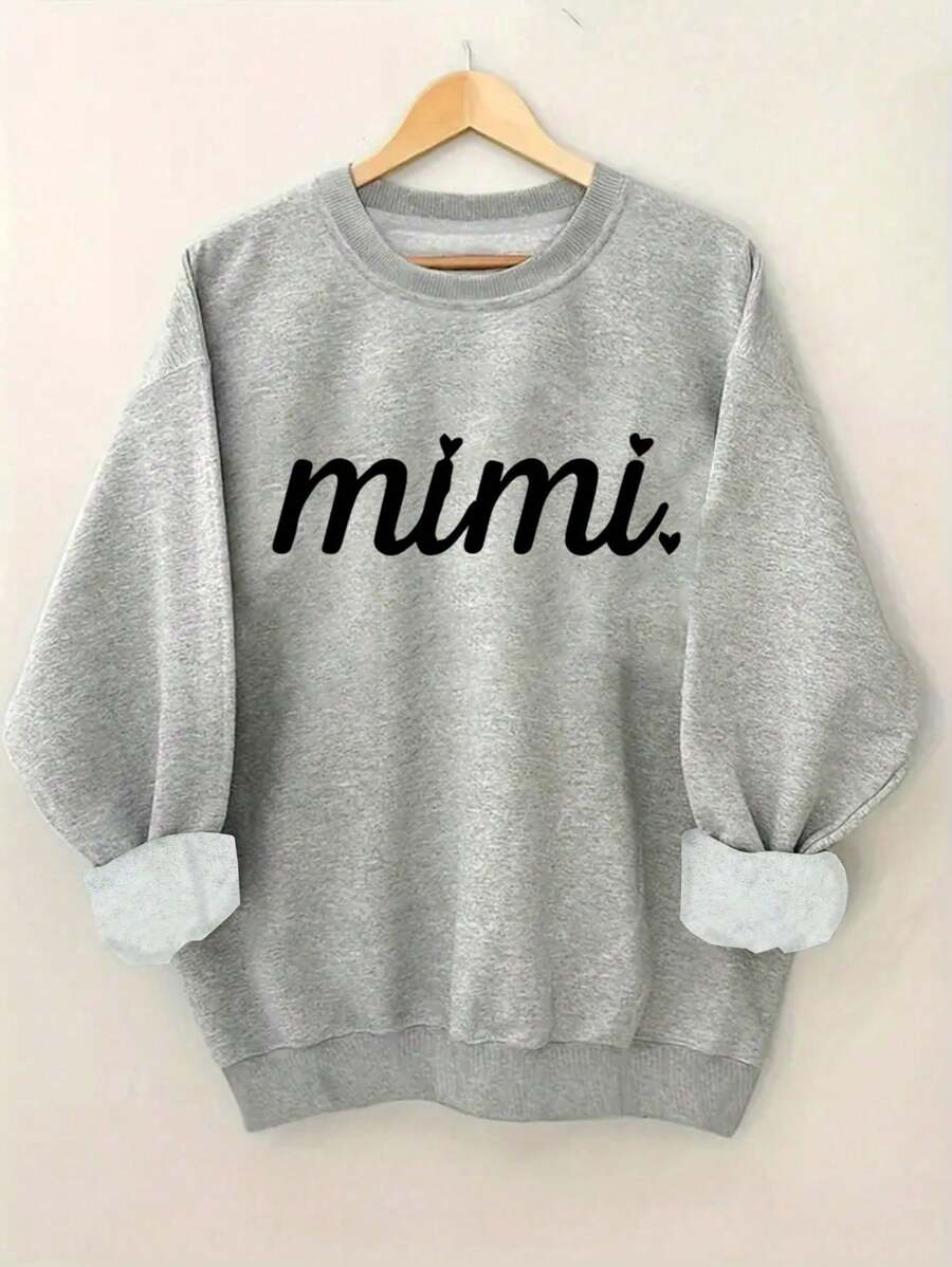 SHEIN LUNE 长袖休闲圆领 Mimi 印花套头运动衫,适合春秋季节,女士服装 - 灰色 - 查看 1