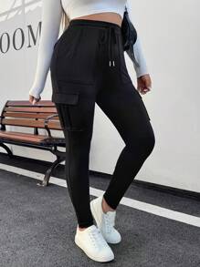 SHEIN EZwear Plus Size Women Waistband Pocket Skinny Black Leggings, Casual