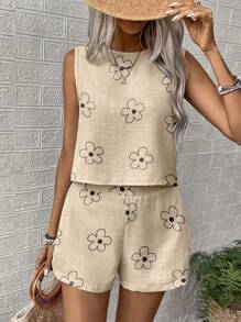 Breezaya 2 件套花卉印花圆领吊带背心和短裤套装，女士宽松休闲风格