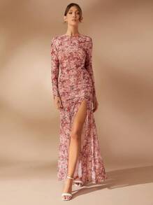 SHEIN Unity Váy dự tiệc Maxi xẻ cao họa tiết hoa màu hồng - Nhiều màu - Xem 4