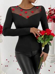 Calvaya Camiseta de manga larga con cuello redondo, ajustada, para mujer, con panel de malla en contraste en forma de corazón