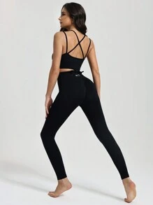 Menodora SHEIN Sport Women's Black Letter Graphic Detail Minimalist Spaghetti Strap Top And Long Pants Sports Suit For Pole Dance & Everyday Workout - Black - View 2