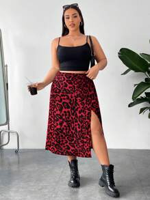 SHEIN PETITE CURVE Plus Size Women's Leopard Print Elastic Waist Slit Skirt Rave Outfits Festival - Red - View 3