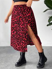 SHEIN PETITE CURVE Plus Size Women's Leopard Print Elastic Waist Slit Skirt Rave Outfits Festival - Red - View 4