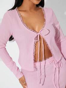 SHEIN SXY 女式前系带长袖休闲上衣和裙子 2 件套，2 件套服装，女士配套套装，女士套装，两件套裙子套装 - 粉色 - 查看 6