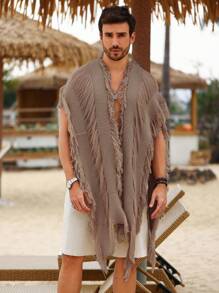 Manfinity RSRT Men's Solid Color Cardigan With Long Sleeves & Tassels, Minimalist Style, Casual For Everyday Wear - Coffee Brown - View 5