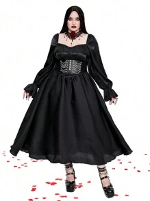 Flirla 大码浪漫纯色腰部合身长袖连衣裙哥特女装 - 黑色 - 查看 7