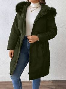 SHEIN LUNE Abrigo acolchado de talla grande para el invierno, de unicolor, manga larga, cuello alto con ribete de piel