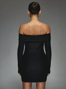 MISSGUIDED Off Shoulder Bardot Long Sleeve Trim Detail Slim Fit Boducon Short Dress - Black - View 2