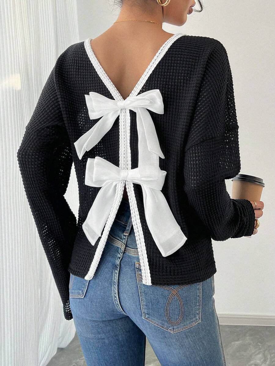 Chiquease Bow Tied V-Neck Backless Premium Knit Sweater Fall Cloth For Women - Black - View 1