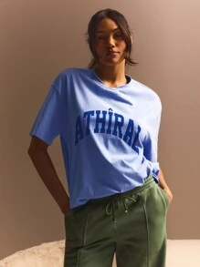 Athîral Women Letter Print Loose Fit Drop Shoulder Round Neck Casual T-Shirt - Blue - View 7
