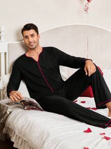 SHEIN Men's Solid Color Patchwork Long Sleeve Top And Long Pants Homewear Set - Black - View 2