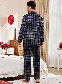 Men's Plaid Patchwork Front Button Casual Home Wear Set - Multicolor - View 7