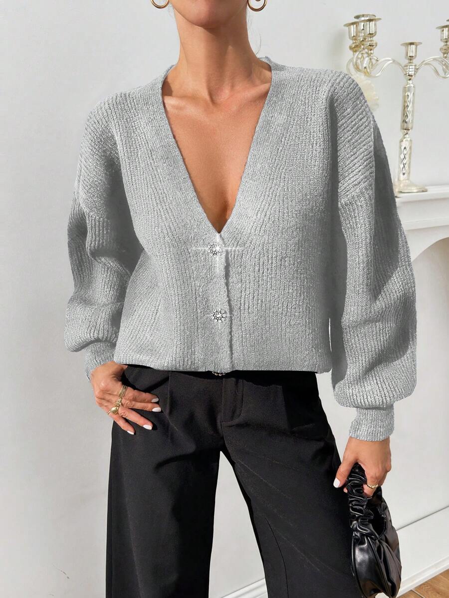 SHEIN Cottnline Women Rhinestone Flower Button Detailed Soft Touch Elegant Chick Cardigan - Light Grey - View 1