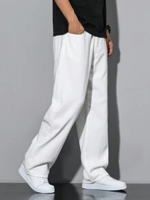 Manfinity Homme Men's Solid Color Simple Daily Casual Pockets White Denim Jeans, Men Pants