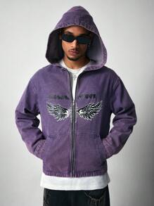 ROMWE MEN Street Life Men's Casual Front Zipper Long Sleeve Pocket Printed Denim Jacket - Purple - View 3