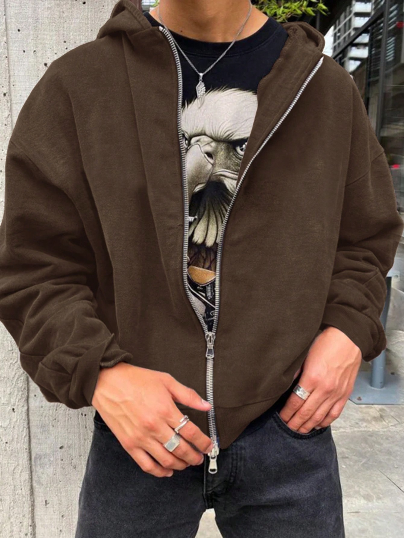 Manfinity Dauomo Men's Solid Color Long Sleeve Zip-Up Hooded Casual Sweatshirt, Autumn/Winter