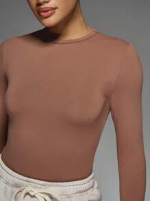 MISSGUIDED Long Sleeve Bodysuit Seamless Form Fitting Autumn Winter Base Layer Crew Neck Elegant Office Wear Basic Foundation Piece Daily Essential Layering Top - Coffee Brown - View 5