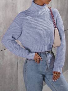 Flirla Women Solid Color High Neck Long Sleeve Pullover Sweater, Casual & Simple Knit Pullover Fall Winter Sweater - Baby Blue - View 6