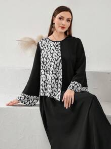 Al Najma 女士休闲优雅豹纹拼布圆领宽松连衣裙，秋季 - 彩色 - 查看 7