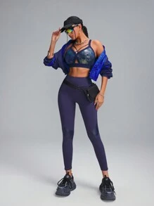 Innovista 女士深蓝色拼接仿皮高腰弹力运动紧身裤，带口袋，适合健身房锻炼、日常休闲、跑步、骑行、瑜伽等运动，是秋冬季女装的理想之选。清爽浅蓝色 - 藏蓝色 - 查看 8