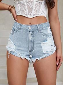 Ripped Raw Hem Denim Shorts - Light Wash - View 6