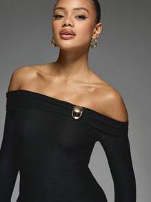 MISSGUIDED Off Shoulder Bardot Long Sleeve Trim Detail Slim Fit Boducon Short Dress - Black - View 4